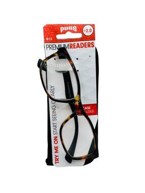 Pugs Premium Reading Glasses +2.0 Black & Tortoise Frame With Case Included